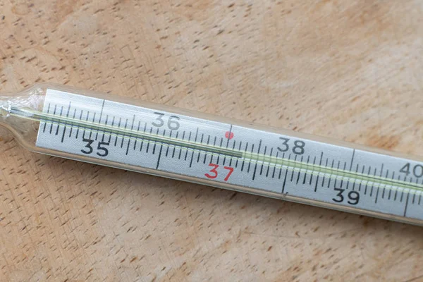 Макровид Термометра Показує Високу Температуру Концепцію Хвороби — стокове фото