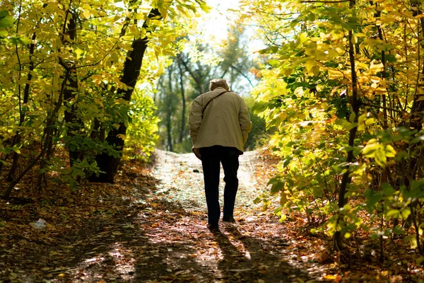 Samotny Senior Spacerujący Jesiennym Lesie Opadłymi Liśćmi Koncepcja Smutku — Zdjęcie stockowe