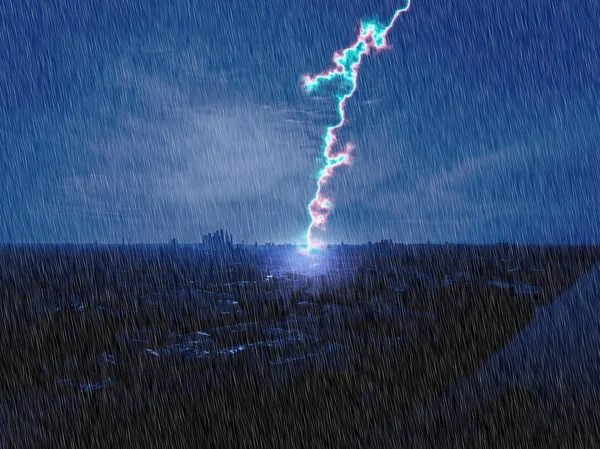 Powerful Lightning Strikes Urban City Blur Sky Rain — Stock Photo, Image