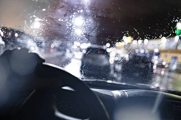 Textura Material Vidro Coberto Com Gotas Chuva Água Carro Durante — Fotografia de Stock