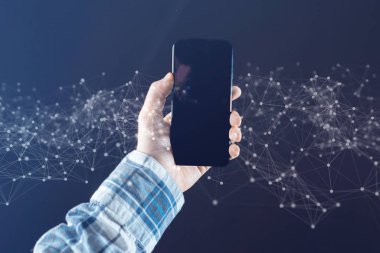 Bağlantı hatları olan soyut bir akıllı telefonu tutan