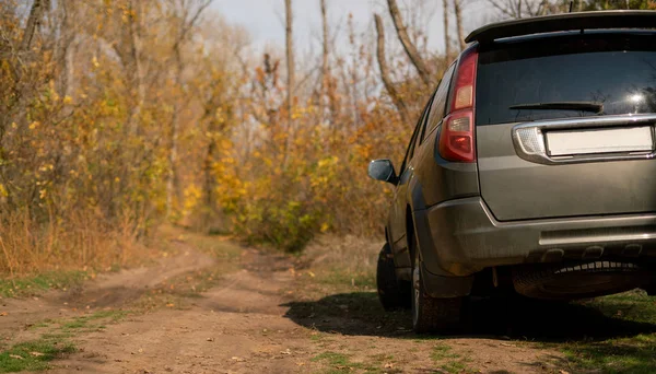 outdoor 4wd off-road big car stop near the road in forest landscape during wild journey