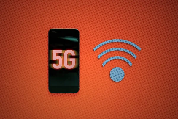 Un teléfono con un texto de conexión de 5g en él, concepto de red de próxima generación rápida — Foto de Stock