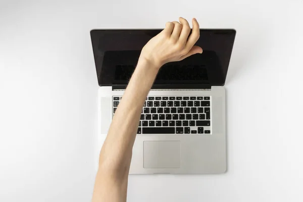 A top view of person hands close cover or block the laptop webcam, being afraid of spy hack the camera — Zdjęcie stockowe