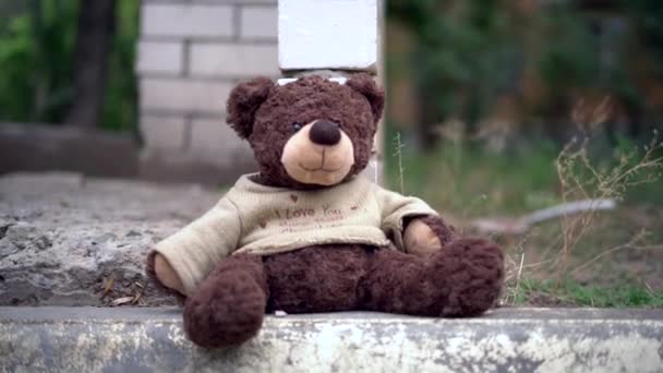 Menschliche Hand greift den schmutzigen Teddybär im Freien vom Boden, verlorenes Konzept — Stockvideo