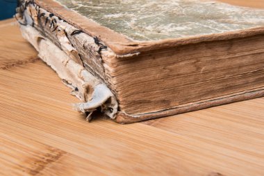 Gözlüklü ahşap bir masa üzerine eski kitap açık