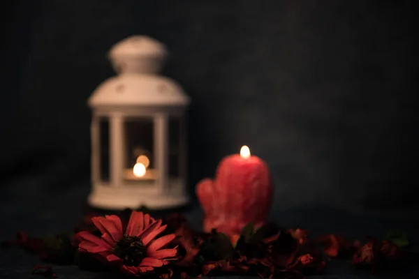 Natureza morta num fundo escuro. Decoração de velas e castiçais, com margaridas e folhas vermelhas. Foco seletivo . — Fotografia de Stock