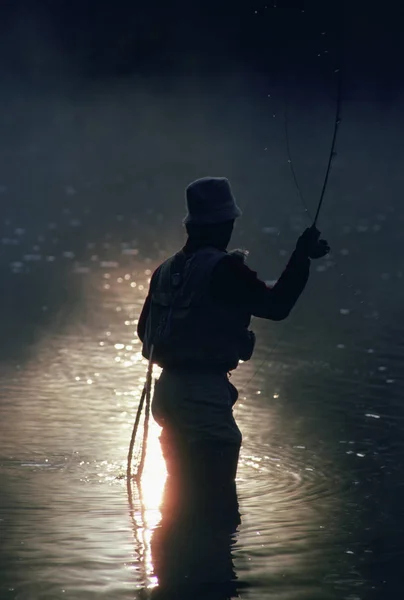Pescador Mosca Atardecer Rama Oeste Superior Del Río Penobscot —  Fotos de Stock