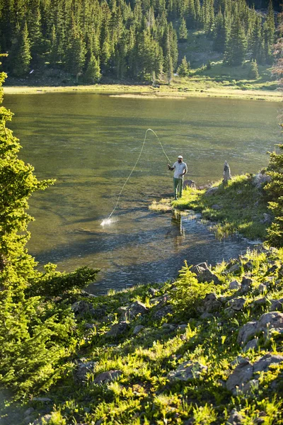 Fly Fisherman Fishing High Alpine Lake Yampa Colorado — Stock Photo, Image