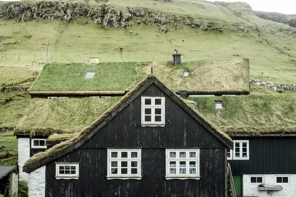 Grass Roofed Houses Town Elduvik Eysturoy Faroe Islands — Stock Photo, Image