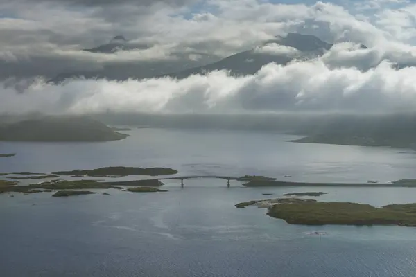 Cloudy Sky Fredvang Bridge Lofoten Islands Norway — Stock Photo, Image