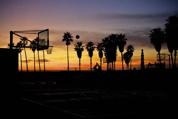 Silhouetten Van Palmbomen Basketbal Hoepel Santa Monica Beach Tijdens Zonsondergang — Stockfoto