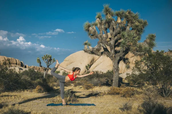 ヨガのダンサーで 若い女性のポーズ ジョシュア ツリー国立公園 — ストック写真
