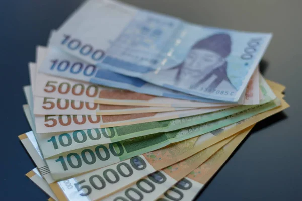 Several different money notes of South Korea currency won