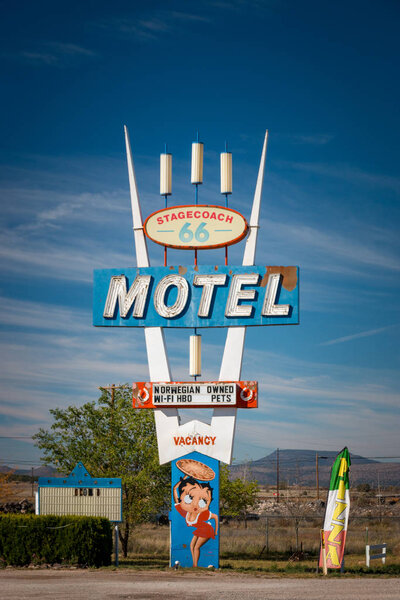 Sign of Stagecoach 66 Motel on historic Route 66 in Seligman, Arirona