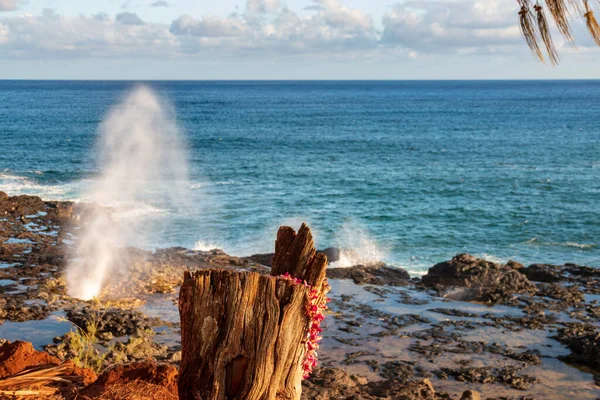 Güneşli bir öğleden sonra Kauai Hawaii adasında Ünlü Spouting Horn, Abd