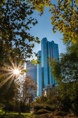 Frankfurt am Main, Almanya - 21 Ekim 2018: Deutsche Bank 'ın İkiz Kuleleri Sonbahar mevsiminde yeşillik ağaçlarla kaplı güneşe karşı