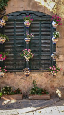 İspanya 'nın Mayorka (Mallorca) adasında renkli saksılara konmuş bitkilerle süslenmiş kapalı yeşil panjurlu resim penceresi.