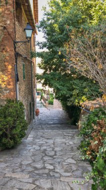 İspanya 'nın Mayorka (Mallorca) adasındaki eski Deia kasabasında bir ara sokak.