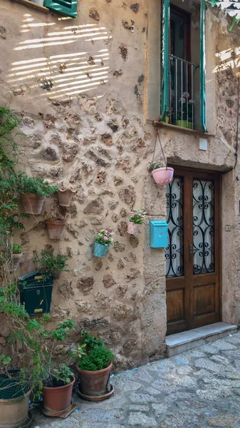 Schilderachtige Gevel Deur Van Een Huis Met Potplanten Het Balearische — Stockfoto