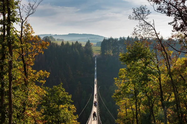 Návštěvníci Přecházející Visutý Most Geierlay Německém Regionu Hunsrueck — Stock fotografie