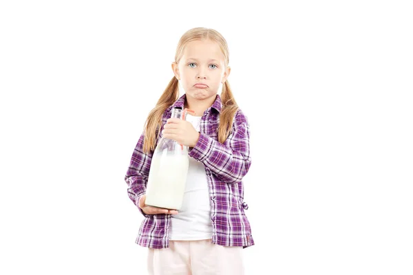Dívka s lahví mléka — Stock fotografie