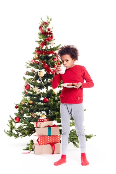 Niño de raza mixta cerca del árbol de Navidad — Foto de Stock