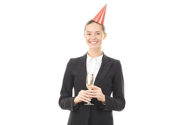 사무실에서 생일을 축 하 하는 파티 모자에 사업가의 초상화 — 스톡 사진