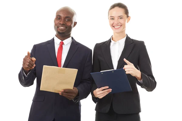 Portrait of two HR managers on white background, willing to see you in their company — Stock Photo, Image