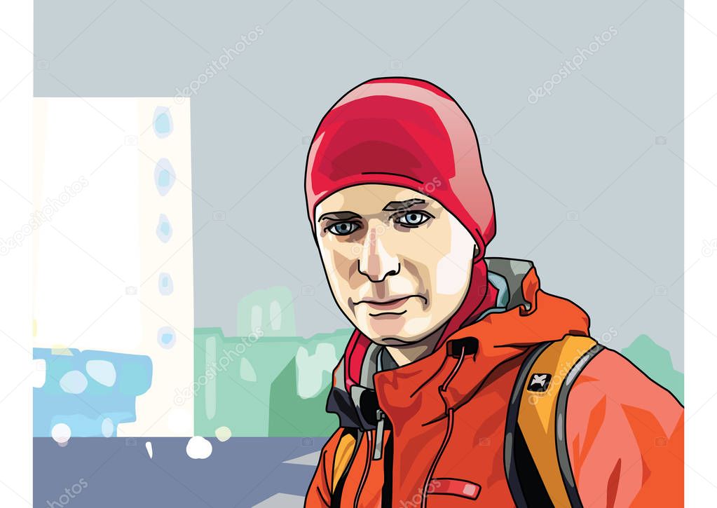 vector color portrait of a man, vector color portrait of a young man in sportswear in the fall