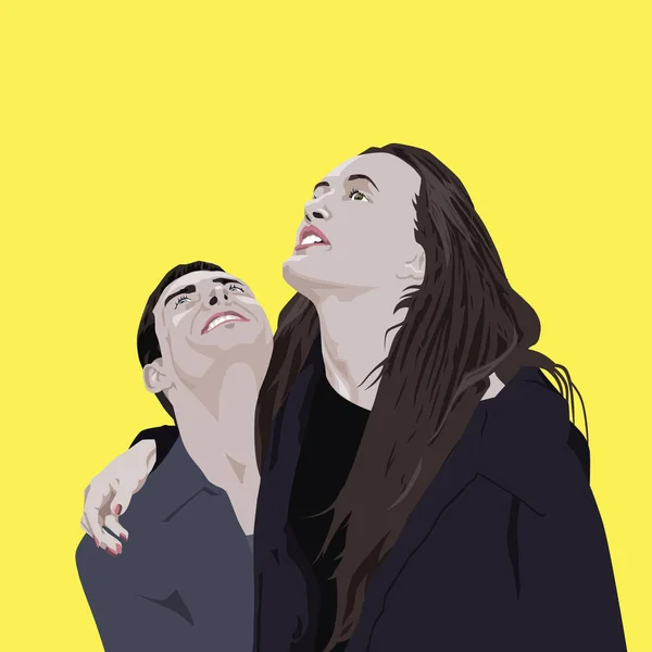 Retrato Vetorial Dois Amantes Imagem Vetorial Dois Amantes Fundo Amarelo — Vetor de Stock