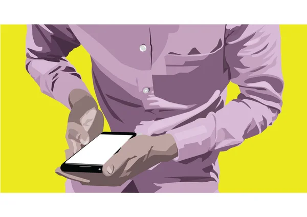 elinde bir akıllı telefon ile bir erkek figürü tasvir vektör, vektör bir smartphone Sarı zemin üzerine onun elinde olan bir adam renk gösterimi
