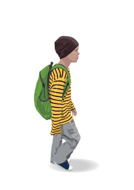 vector color guy with a backpack, vector color picture of a boy in a sports hat, a yellow reglan and with a green backpack on the white background clipart