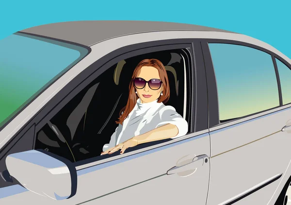 자동차 파란색 배경에 자동차에서 선글라스에 초상화에 여자의 초상화 — 스톡 벡터