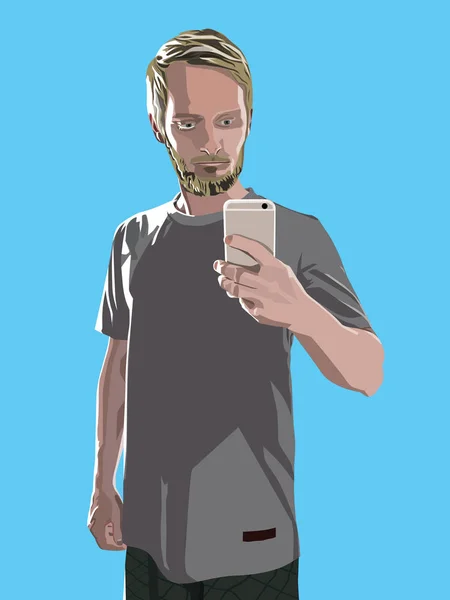 vektör renk bir smartphone, vektör renk mavi zemin üzerine beyaz bir smartphone olan sakallı bir adam portresi olan bir adam portresi