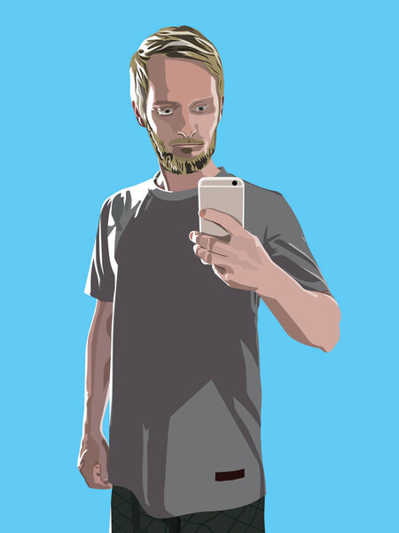 vector color portrait of a man with a smartphone, vector color portrait of a bearded man with a white smartphone on the blue background