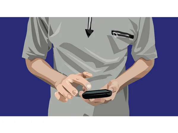Vektor Färgbild Manlig Figur Med Smartphone Händerna Vektor Färgbild Manlig — Stock vektor