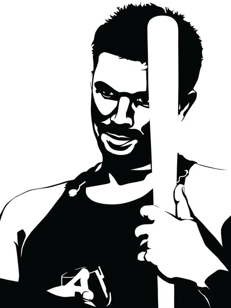Portrait Vectoriel Noir Blanc Homme Avec Verre Une Batte Baseball — Image vectorielle