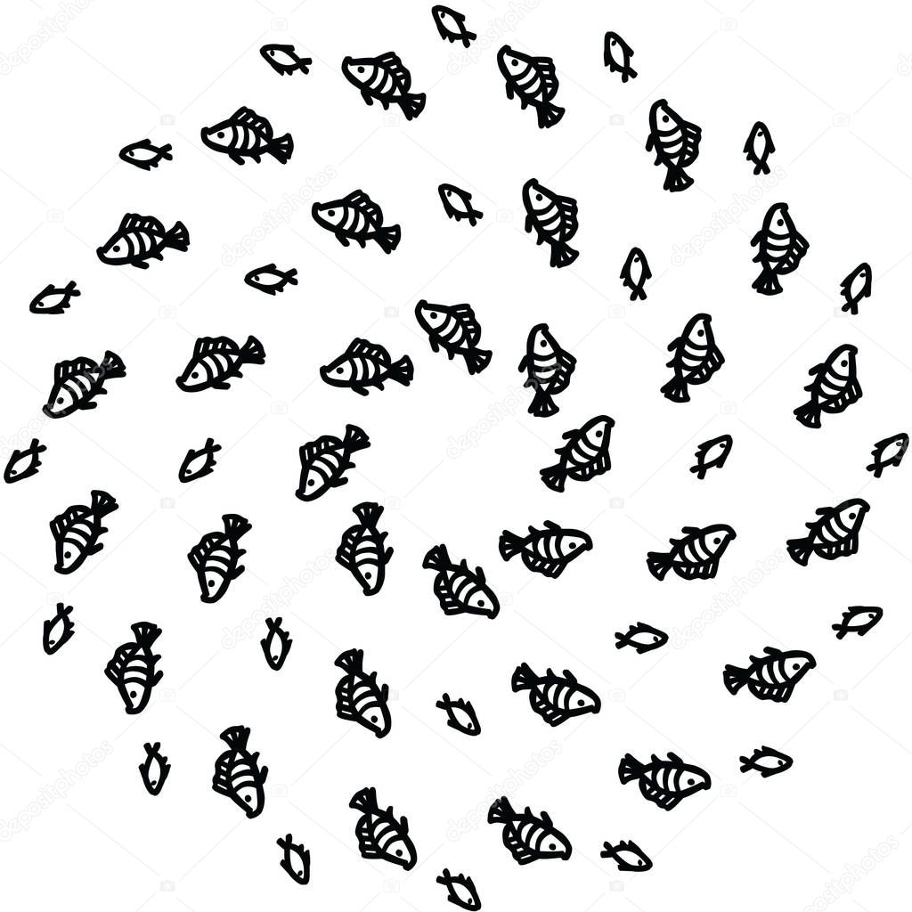 vector black and white swimming fish at an angle for two pattern in a circle, vector black and white swimming fish at an angle for two pattern in a circle on the white background