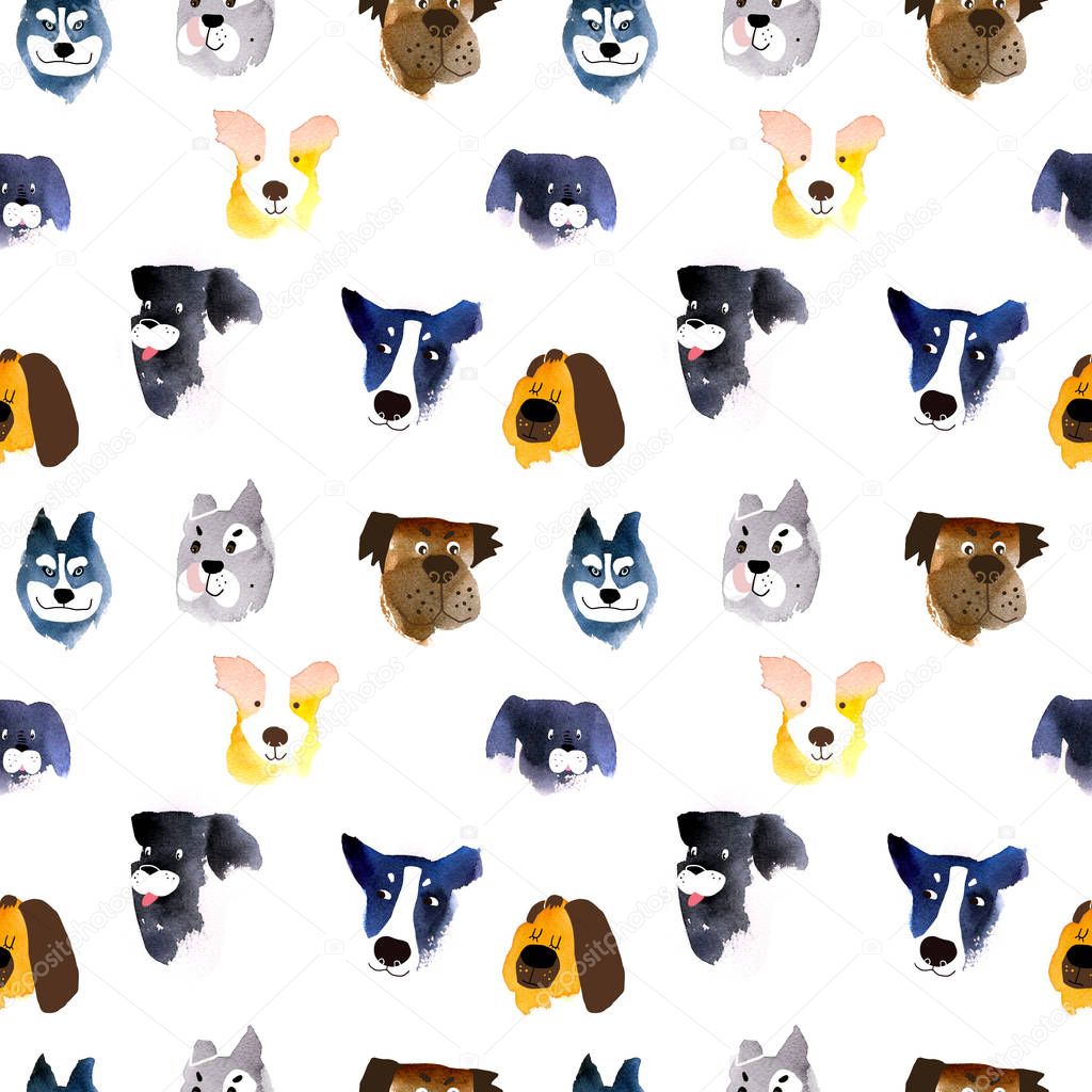 A pattern of cute watercolor dogs on a white background. 