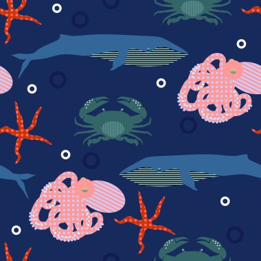 Seamless deniz modeli. Arka plan ile deniz hayvanları.
