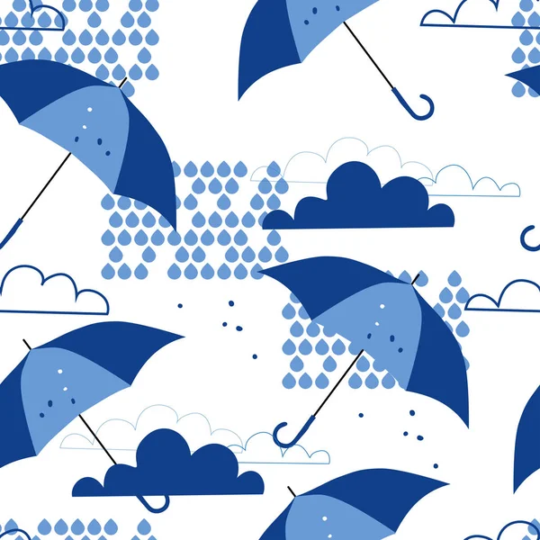 Fondo sin costuras con lluvia. Patrón con nubes, paraguas — Vector de stock