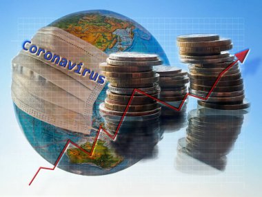 Mavi gökyüzüne karşı tıbbi bir maskeyle küre