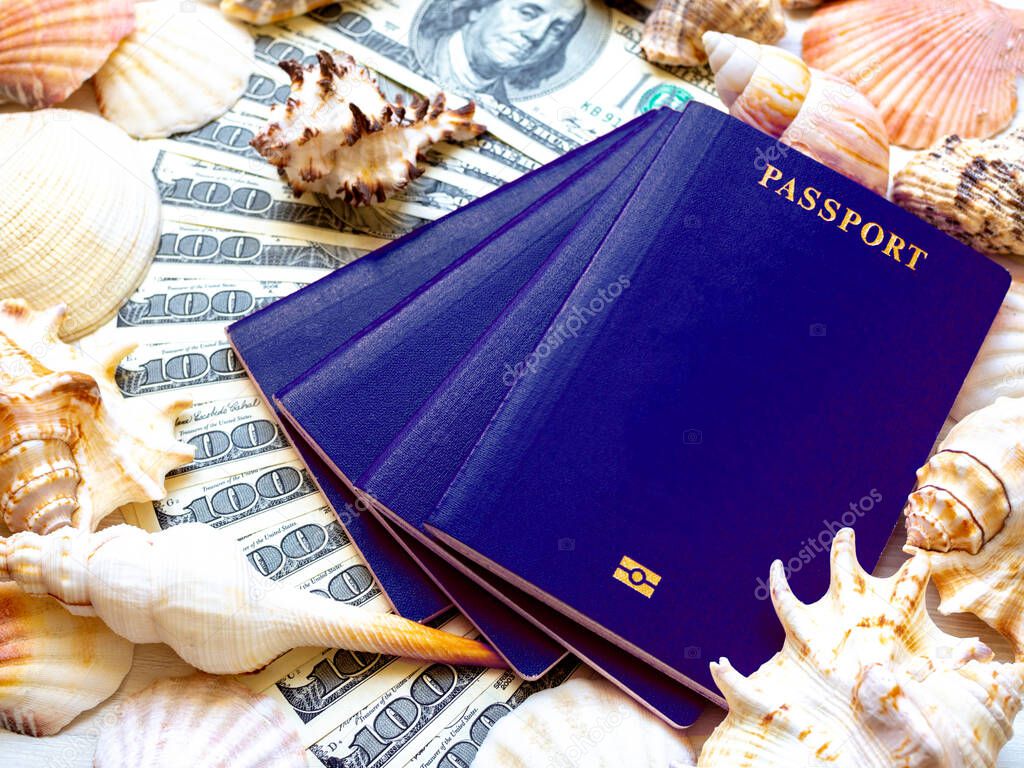 Four passports on a fan of hundred-dollar bills surrounded by sea shells