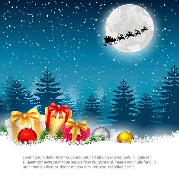 Kerstnacht Achtergrond Met Geschenkdozen Kerstballen Sneeuw Vectorillustratie — Stockvector