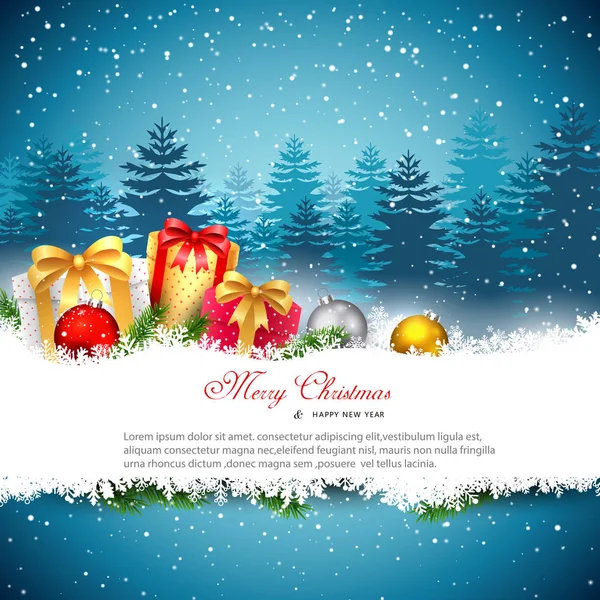 Yılbaşı gecesini - hediye kutuları ve karda baubles ile arka plan. vektör çizim.