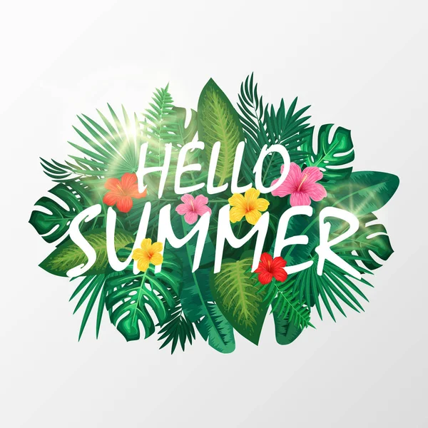 Πράσινο Καλοκαίρι Εξωτικούς Φύλλα Και Λουλούδια Του Ιβίσκου Εικονογράφηση Διάνυσμα — Διανυσματικό Αρχείο