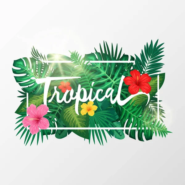 Verano Verde Con Hojas Palma Exóticas Flores Hibisco Ilustración Vectorial — Archivo Imágenes Vectoriales