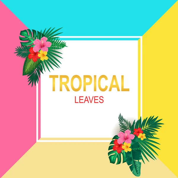 Kolorowe Żywe Tropikalne Granicy Konstrukcji Kwiatów Liści Palmowych Ilustracja Wektorowa — Wektor stockowy
