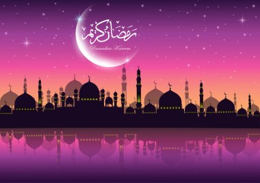 Ramazan Kareem tebrik kartı Camii ve gece gökyüzü ile. Ay ve yıldız. Vektör çizim.